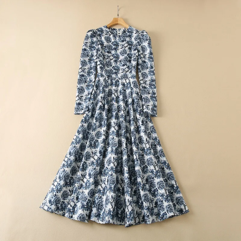 

Новинка, женская одежда в европейском и американском стиле на зиму 2022, жаккардовое плиссированное платье с длинными рукавами-фонариками и цветочным принтом