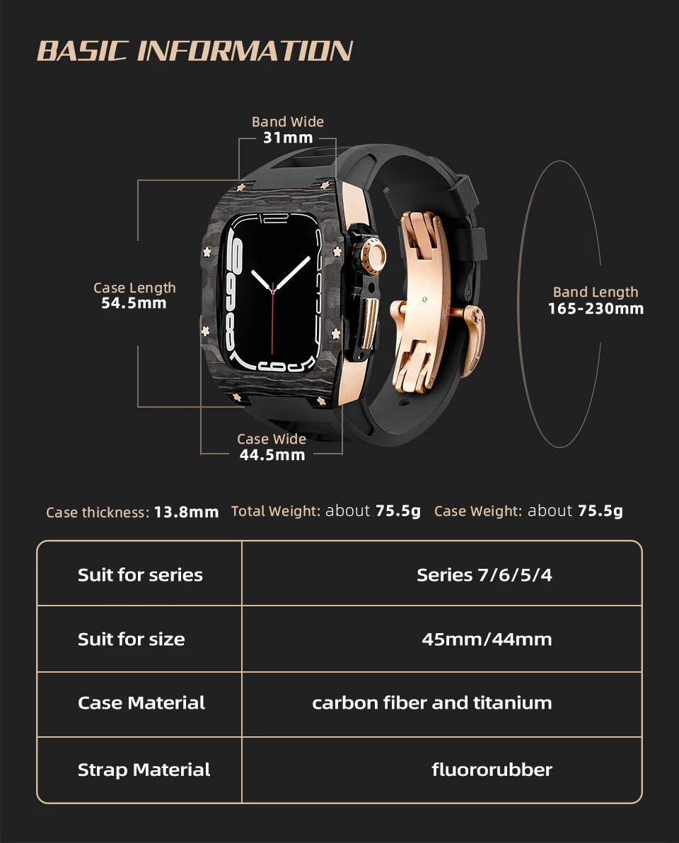 Fluorine Rubber Strap Kit for Apple Watch 8 7 45mm Carbon Fiber Titanium Alloy Case Cover Bumper for iWatch 6 SE 5 4 44mm Band