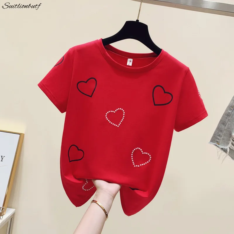 

S-3XL Summer TShirt Women 2022 Cotton Heart Bead Loose Casual Crop Tops Short Sleeve T-Shirt Pullover Blouses Female Clothing
