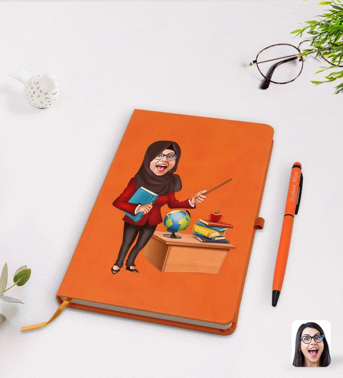 

Personalized hijab women teacher cartoon orange thermo leather notebook pen set Model 1