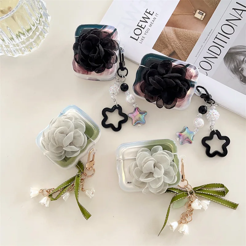

Fashion Inventive 3D Grey/Black Silk Flowers Bluetooth Headset Cover for Airpods 1 2 Pro Headphone Cover Wireless Earphone Box