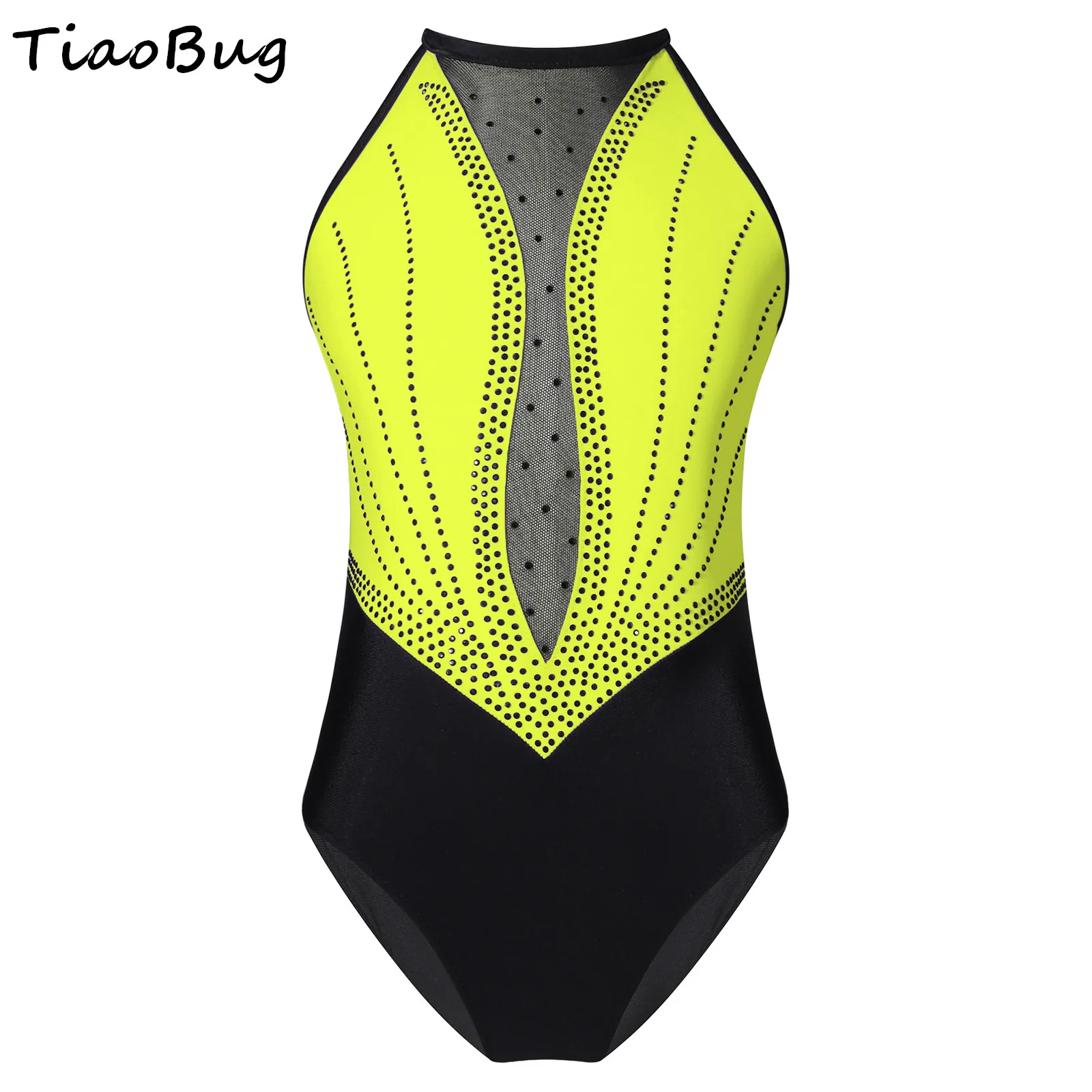 

Kids Girls Shiny Rhinestone Decorated Mesh Leotards Sleeveless Round Neckline Patchwork Style Straps Hollow Back Dance Wear