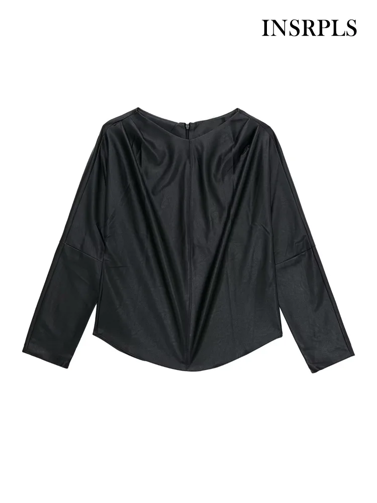 

INSRPLS женские модные плиссированные блузки из искусственной кожи, винтажные женские рубашки с длинным рукавом и молнией сзади, блузы, шикарн...