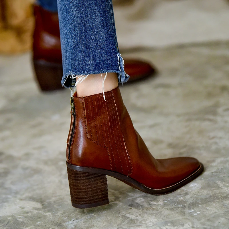 Женские ботильоны из воловьей кожи на Высоком толстом каблуке с молнией сзади