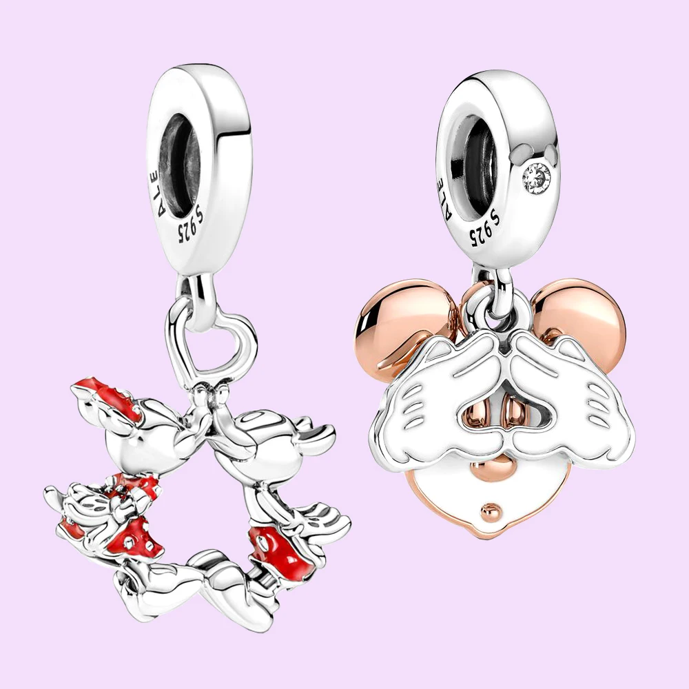 

925 Silver Fit For Pandora Cute Mouse Double Dangle Charm Anniversary Jewelry Making DIY Romantic Woman Bracelet Necklace