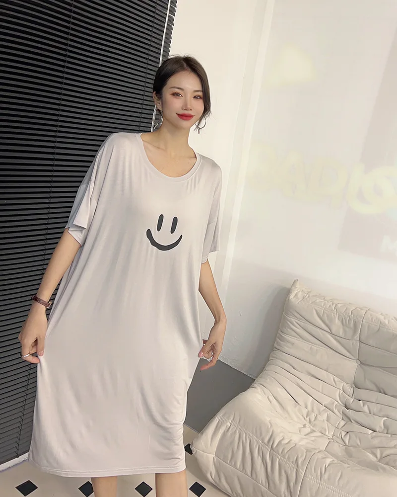 Ms pajamas modal short-sleeved summer long thin ice silk leisure dress can be worn outside women nightgown loose comfortable