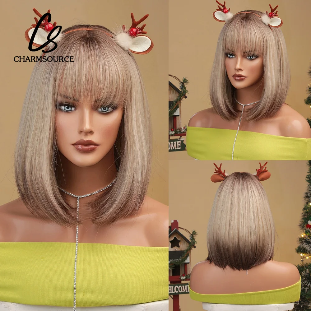 

CharmSource Medium Omber Brown Blonde Wigs with Bangs Synthetic Wigs for Women Cosplay Party Natural Wear Heat Resistant