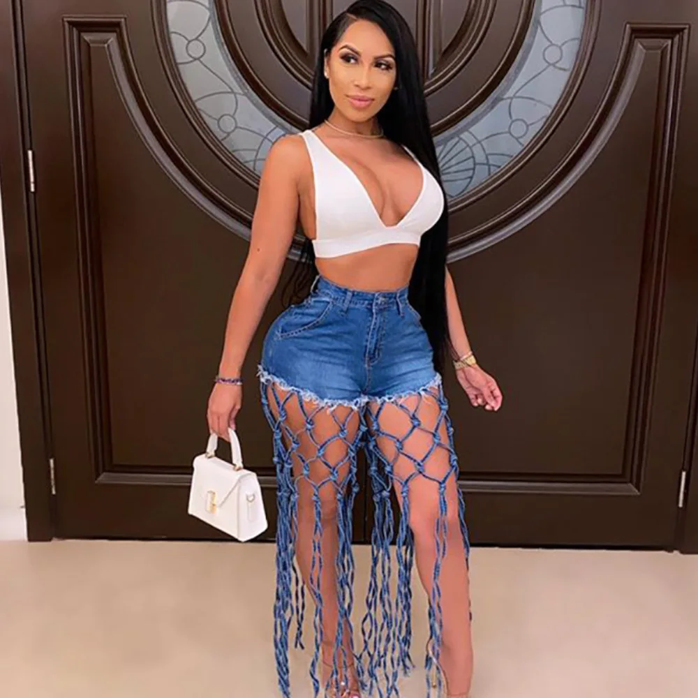 

Hot Pants Women's Summer 2021 New Women's Casual and Comfortable High-waist Hollow and Knotted Wide-leg Denim Shorts