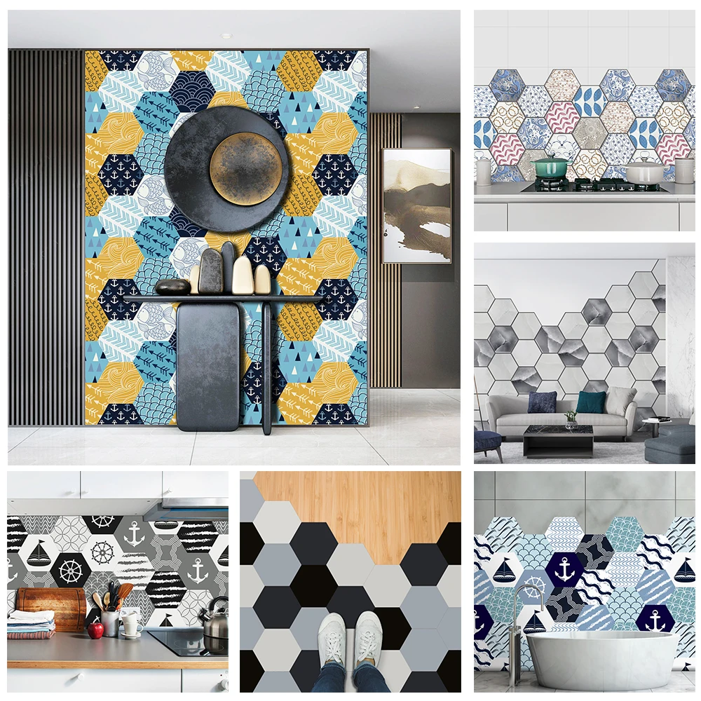 

19 Styles Hexagon Tiles Floor Stickers Kitchen Bathroom TV Sofa Wall Home Decor Peel & Stick Wear-resistant Art Wall Decals