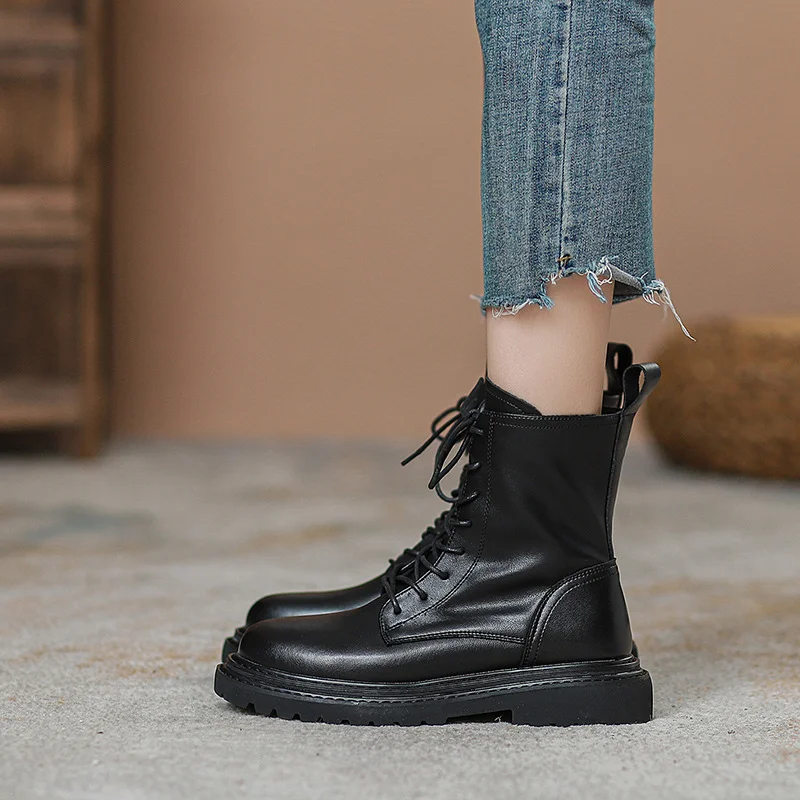 Women Leather Ankle Boots Autumn Winter Lace Up Black Brown Low Square Heels Elegant Zipper Round Toe Streets Shoes Botas Mujer