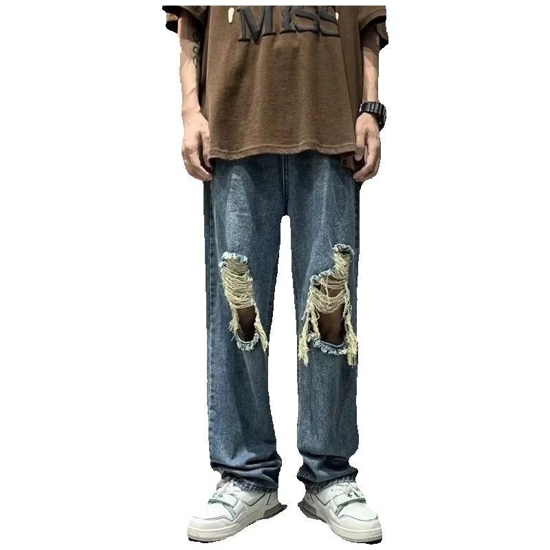 Summer Blue Ripped Jeans Men Fashion Casual Baggy Wide Leg Jeans Men Streetwear Hip Hop Loose Straight Denim Pants Mens Trousers