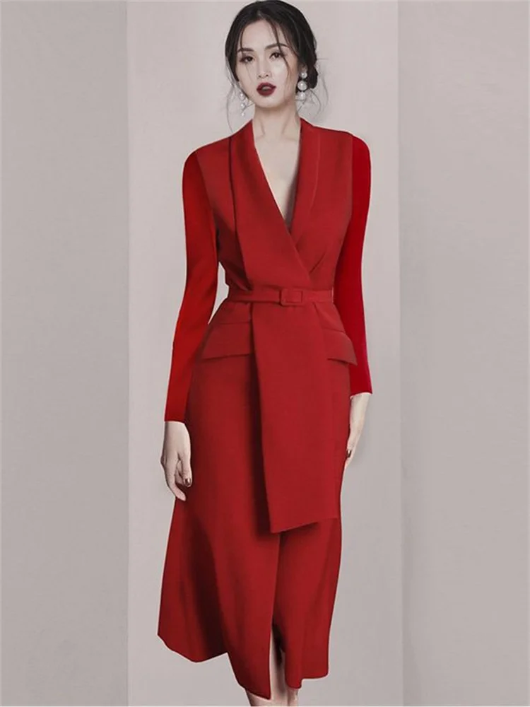 

Woman Dress Red Split Slim Waist Lacing Sleeveless V Collar Office Lady Style Elegant Dresses 2022 New Summer Dress for Women