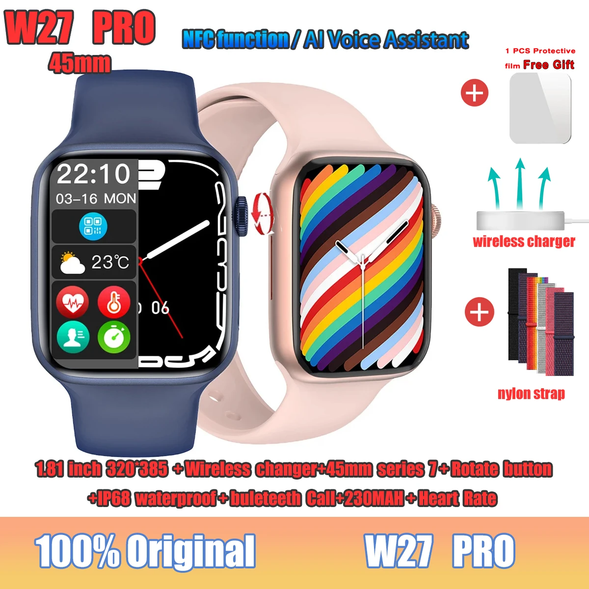 

Original IWO W27 Pro Smart Watch Series 7 Wireless Charger NFC Function AI Voice Assistant IP68 Call Watch For Apple 2022 New