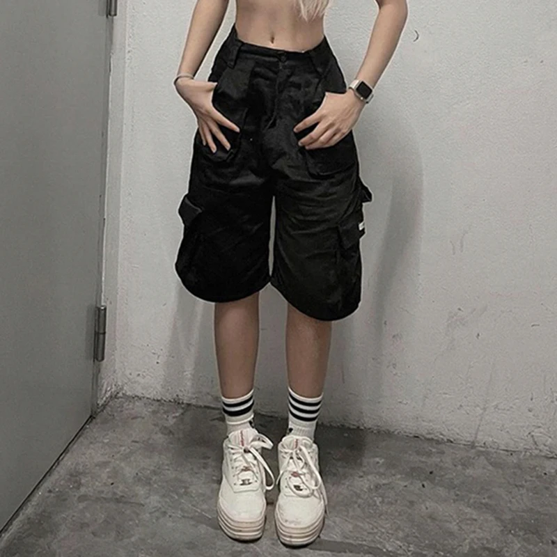 Darlingaga Streetwear Black Multi Pockets Basic Cargo Shorts Women Casual Baggy Summer Shorts Outfits Mid-Pants Straight Capris