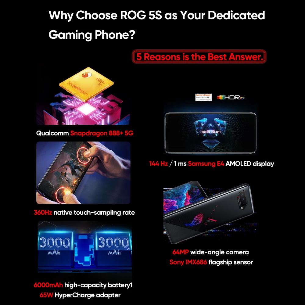Tanie Globalny Rom ASUS Telefon ROG 5S 5G Smartphone 16GB 256GB Snapdragon 888 + 6000mAh 65W Szybkie ładowanie Profesjonalny Telefon Do Gier