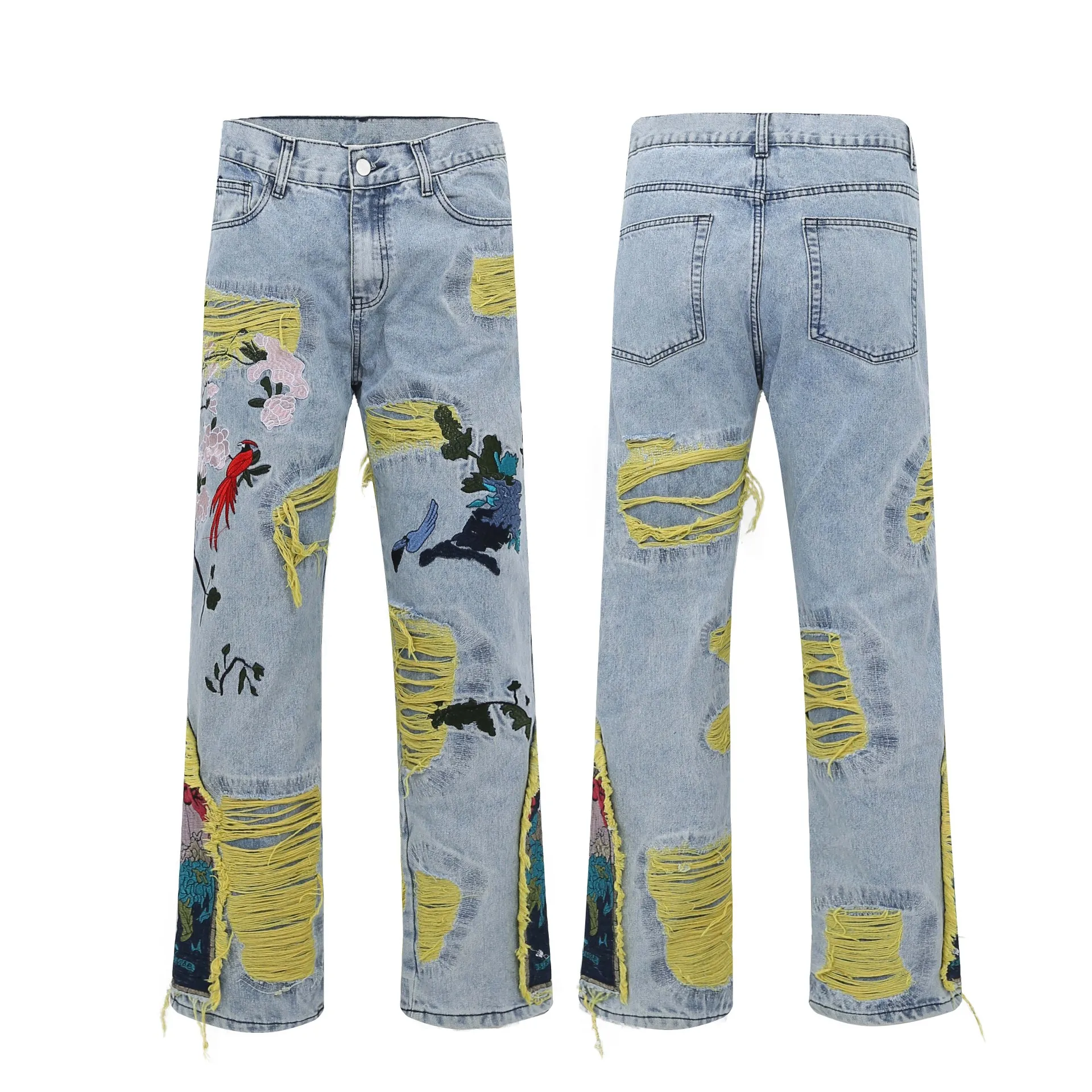 Hip Hop Ripped Denim Pants Jeans Streetwear Embroidery Flower Bird Denim Trousers Harajuku Hole Jeans Pants