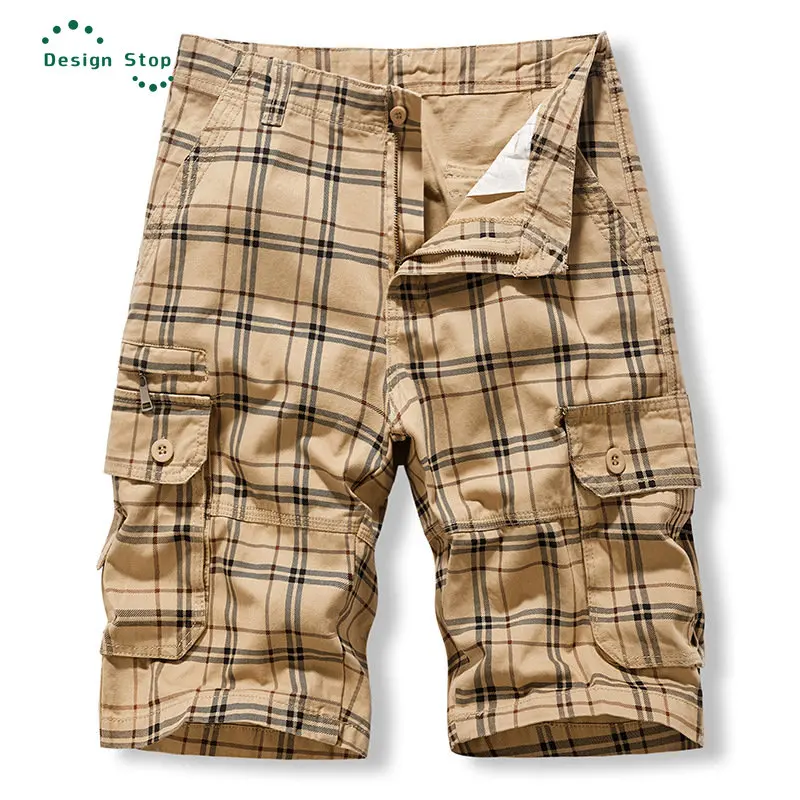 Шорты-карго мужские летние в клетку хлопок шесть длин повседневные штаны с