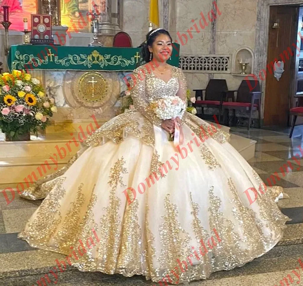 

2023 блестящее золотое украшение, тюль цвета слоновой кости, вечерние праздничные платья с длинными рукавами, бальное платье, мексиканское де...