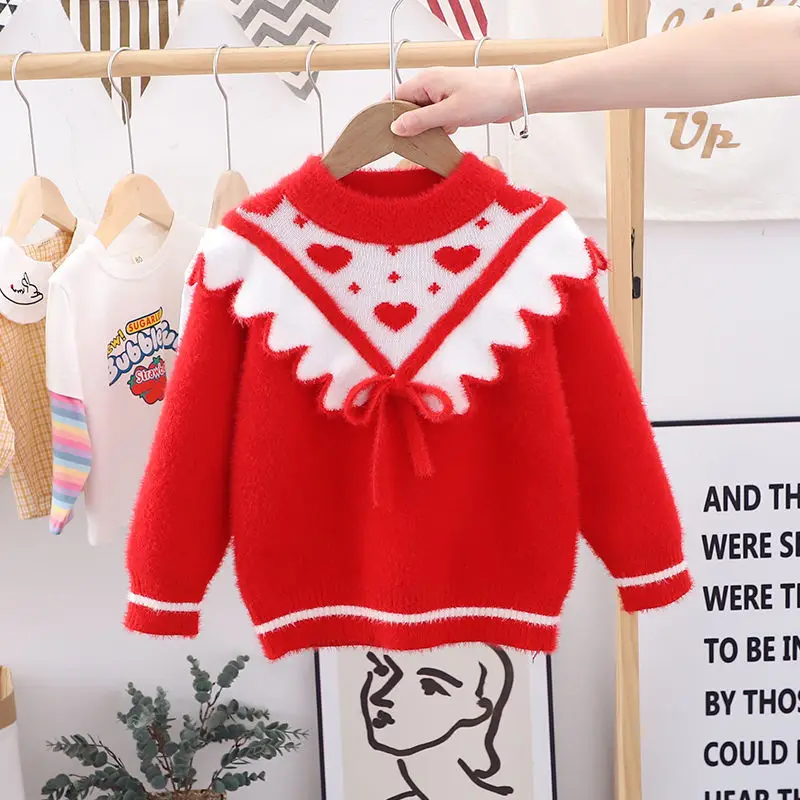 

Sweaters Printed O Neck Fall Winter Mink Fur Girl Kid Thick Bottoming Shirts Pullover Sweater for Girls Children's Clothing E966