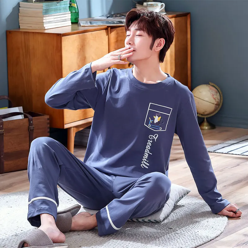 Korean Fashion Pijamas Set For Man Cotton Homewear Long Sleeping Top Pant 2 Pieces Set Sleepwear Leisure Night Clothing Dropship