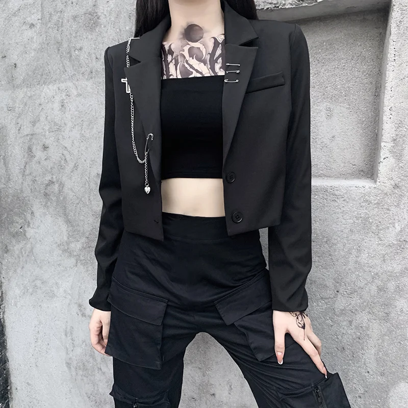 Gothic Black Women Punk Blazer Harajuku Streetwear Metal Chain Patchwork Suit Office Ladies Commute Short Coat Chic Blazer Suits