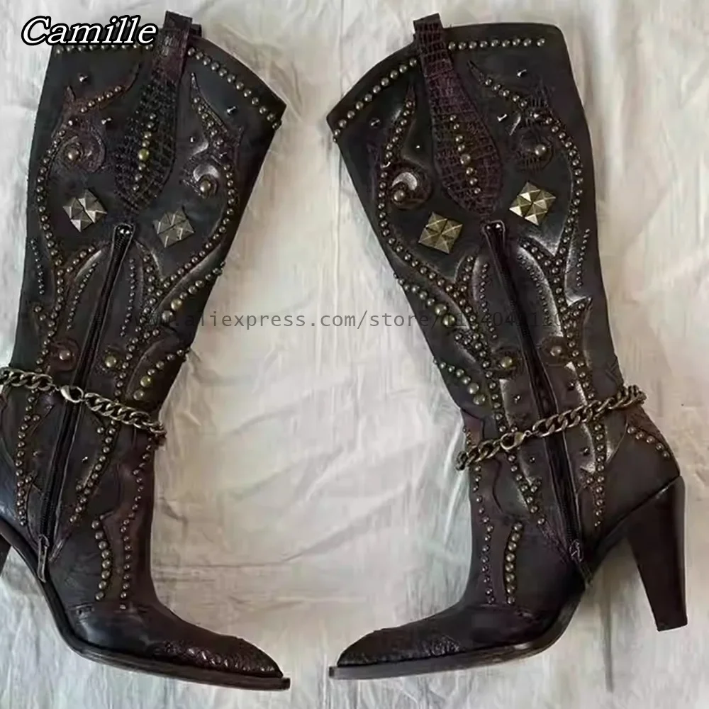 Ботинки на массивном каблуке в стиле ретро с металлическими заклепками и