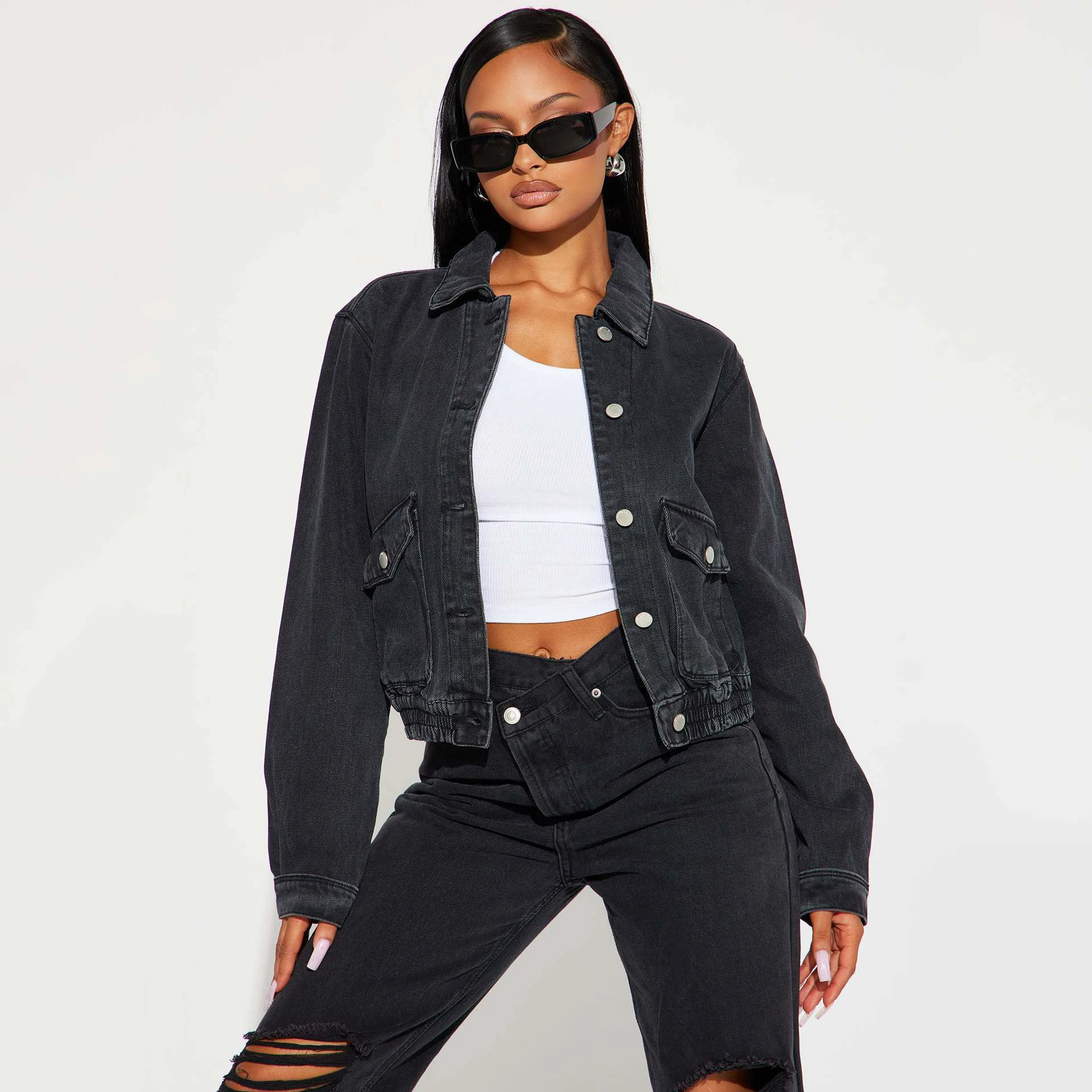 Лидер продаж черная джинсовая куртка новинка 2024 Модная Джинсовая с эффектом