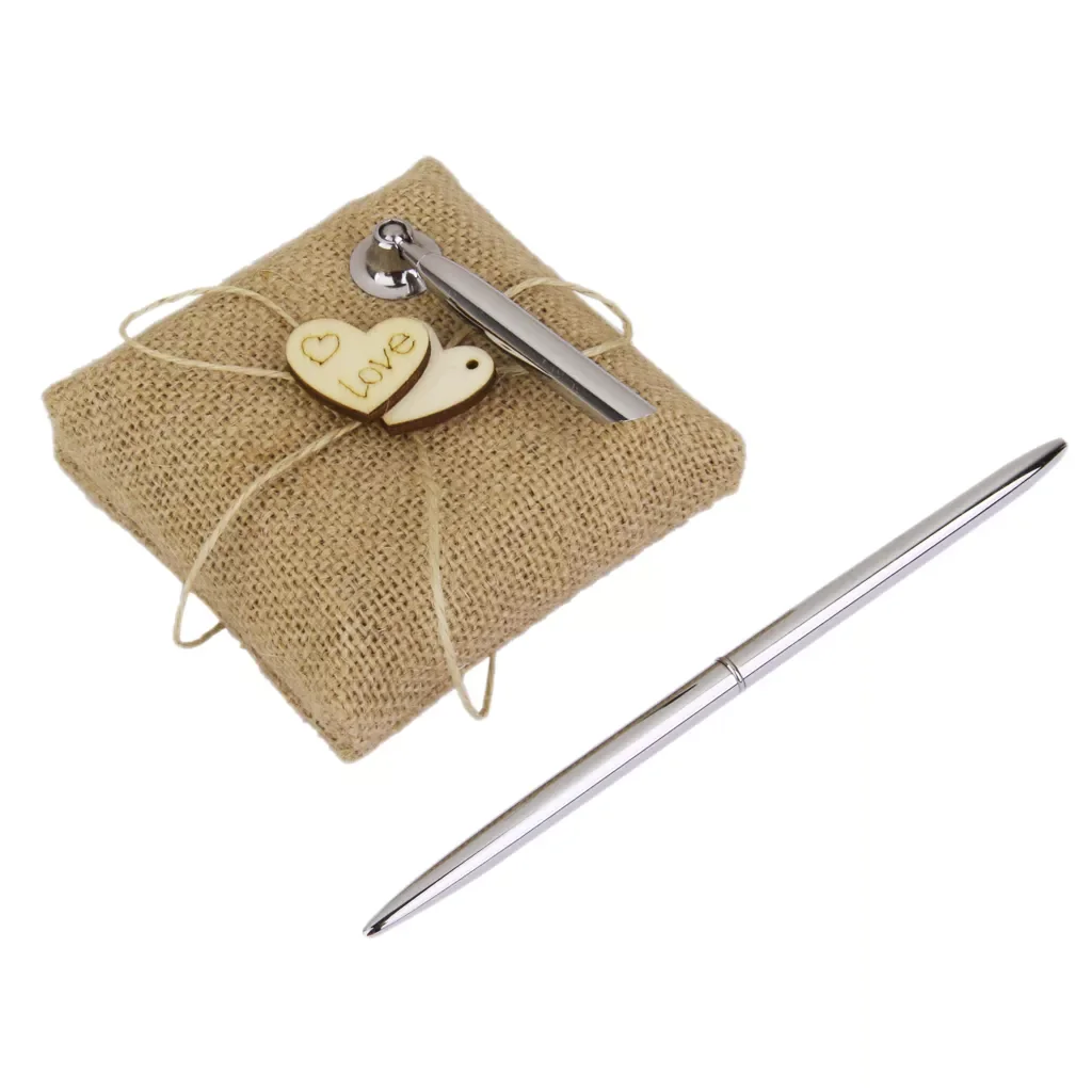 

New Ballon Party Vintage Burlap Pen Stand and Pen Set for Wedding Bridal Reception Wood Hearts Decor Party Event Favor Guests