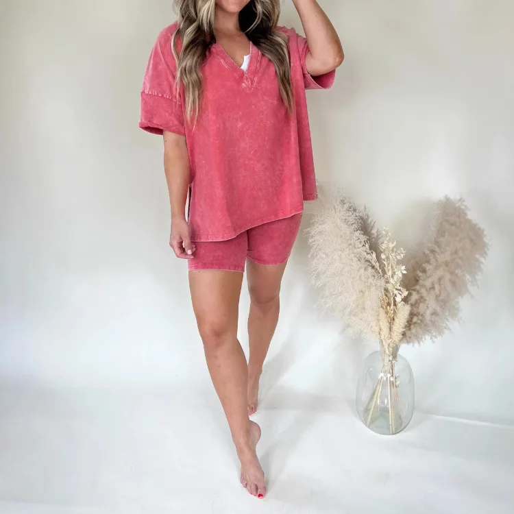 Модный комплект из 2 предметов с v-образным вырезом и короткими рукавами женский