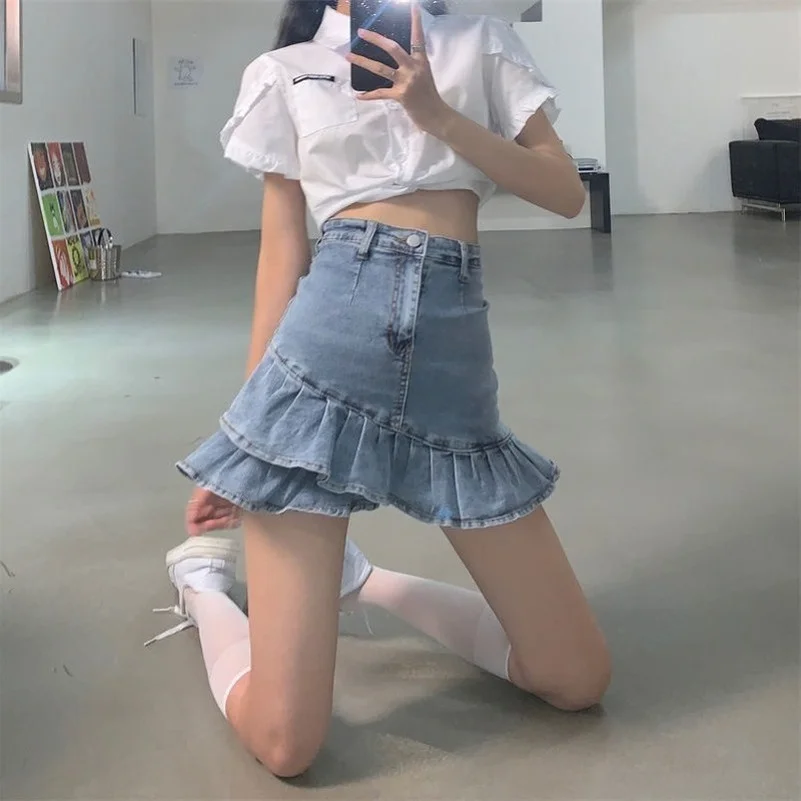 

Kawaii New Women Summer Denim Skirt Flounces Mujer Faldas A-Line Mermaid High Waist Skinny Hot Sweet Harajuku Skirts Durikies