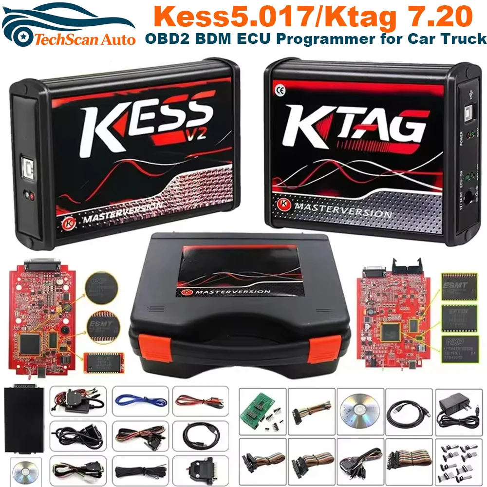 Фото 2026 EU Red Kess V2 V5.017 Online 2.80 KTAG 7.020 2.25 с фильтром Murata OBD 2 для чип-тюнинга ЭБУ легковых и грузовых автомобилей, неограниченный ремонтный комплект №1