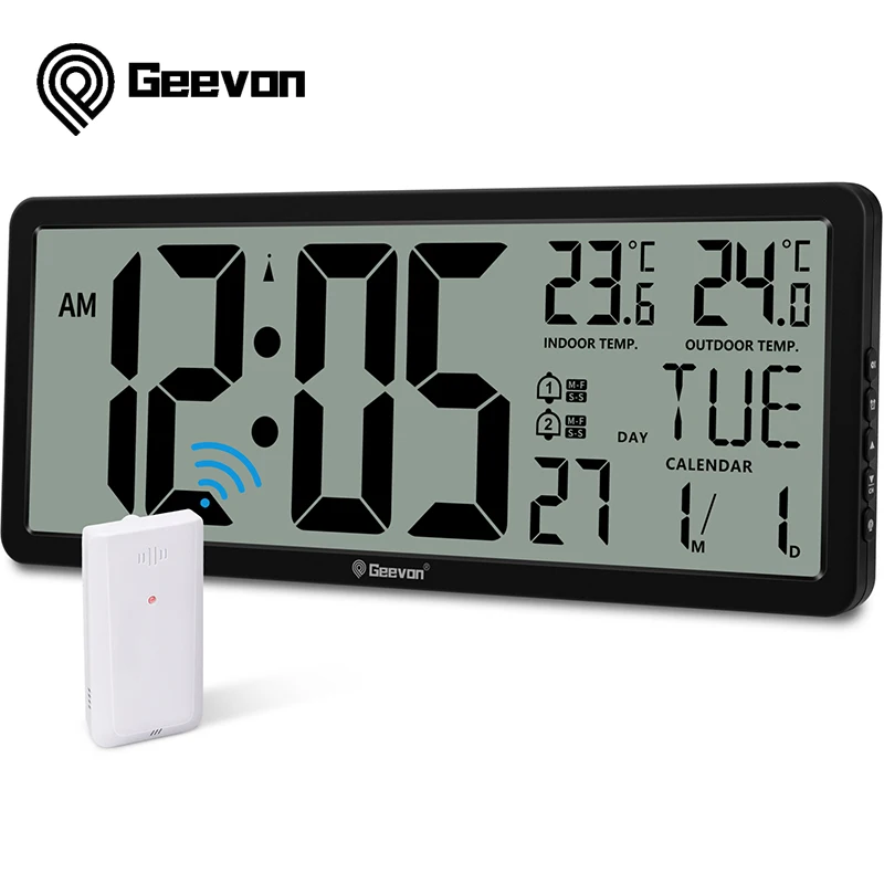 Geevon Wall Clock 14.3"Large Digital LCD Atomic Clock with Dual Alarm Clock Indoor Outdoor Temperature 4.4" Digits For Bedroom