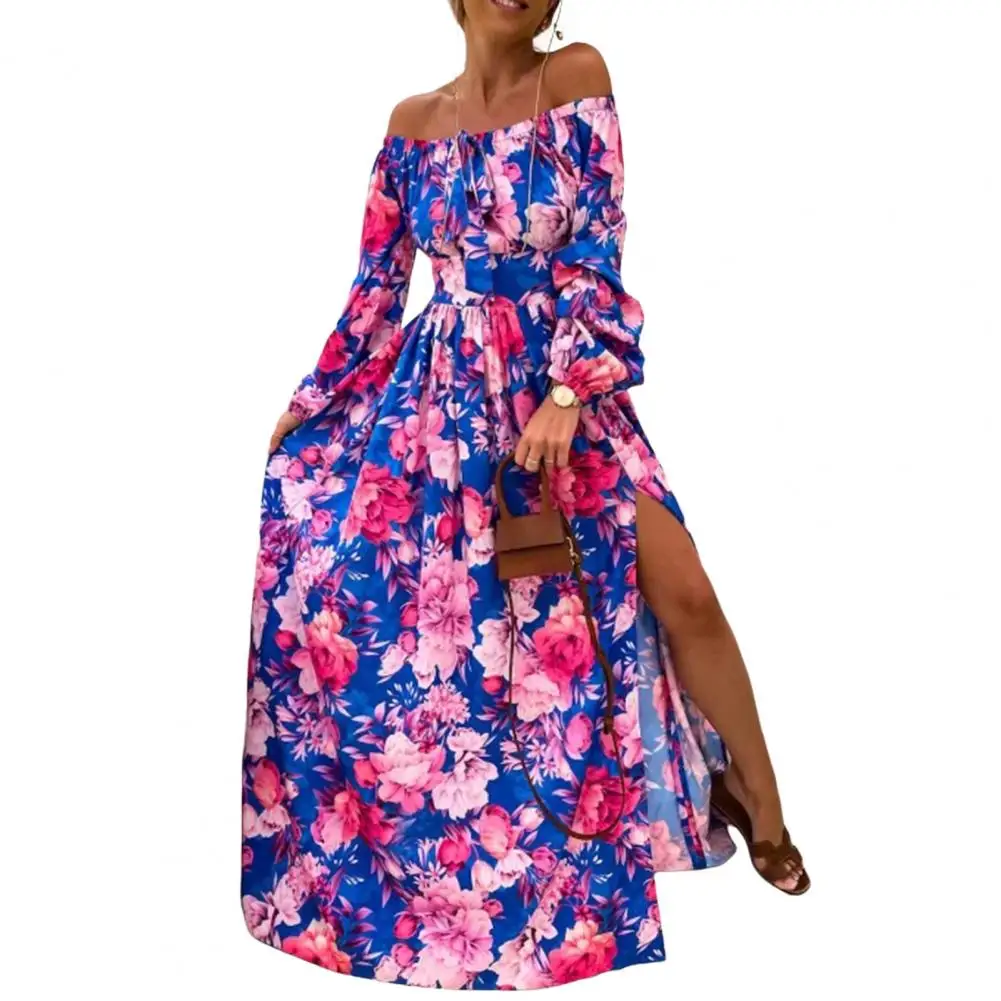 

Женское платье макси с длинным рукавом, свободное платье в стиле ретро, с принтом в стиле бохо, с открытой спиной и воротником-стойкой, с широ...