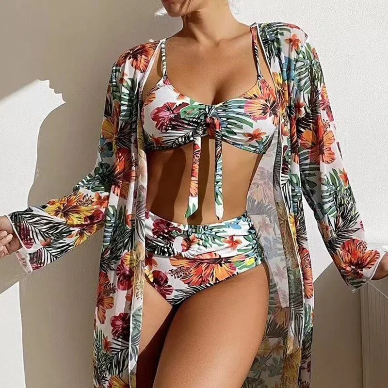 

3 шт., женский купальник с цветочным принтом и заниженной талией