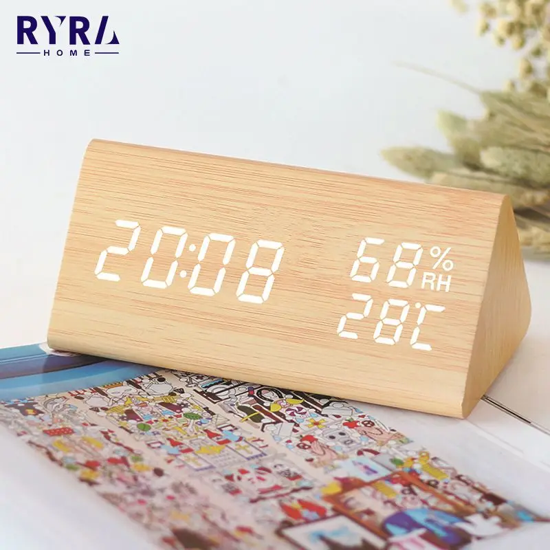 

Wooden LED Alarm Clock Digital Clock Voice Control Electronic USB/AAA Powered Desktop Wood Clocks For Household Desktop Decor