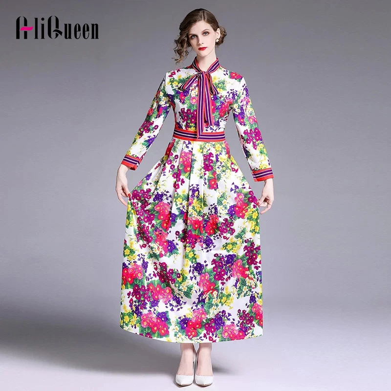 

2022 Runway Women Dress Flower Pattern Print Elegant Women Long Dress Striped Bow Collar Maxi Long Ladies Pleated Dress Vestidos