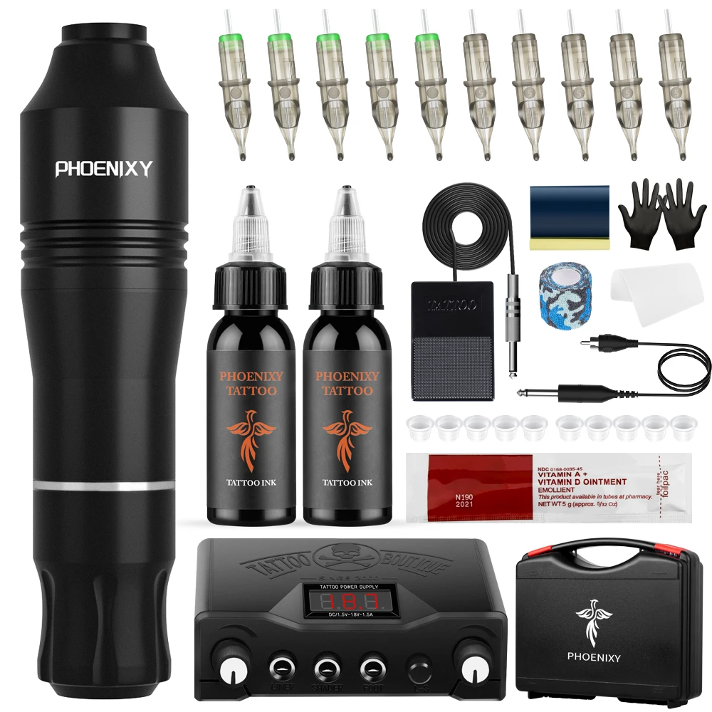 Набор тату-машинки с блоком питания и пигментными иглами для перманентного