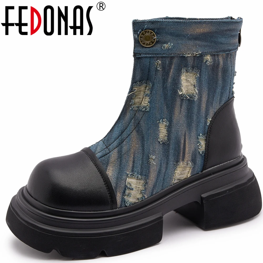 

FEDONAS Splicing Genuine Leather Women Ankle Boots Thick Heels Platforms Leisure Casual Office Shoes Woman Autumn Winter Popular