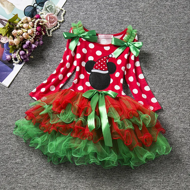 

Winter 2022 New Arrivals Girls Cute Long Sleeve Mesh Ruffles Dot Red Christmas Style Sweet Baby Dress Vestidos 4-7T