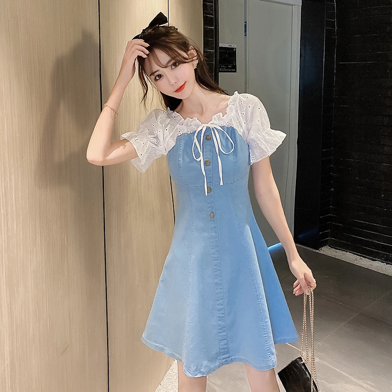 

COIGARSAM Women's Summer Dress New Patchwork Puff Sleeve High Waist Dresses Dropshipping