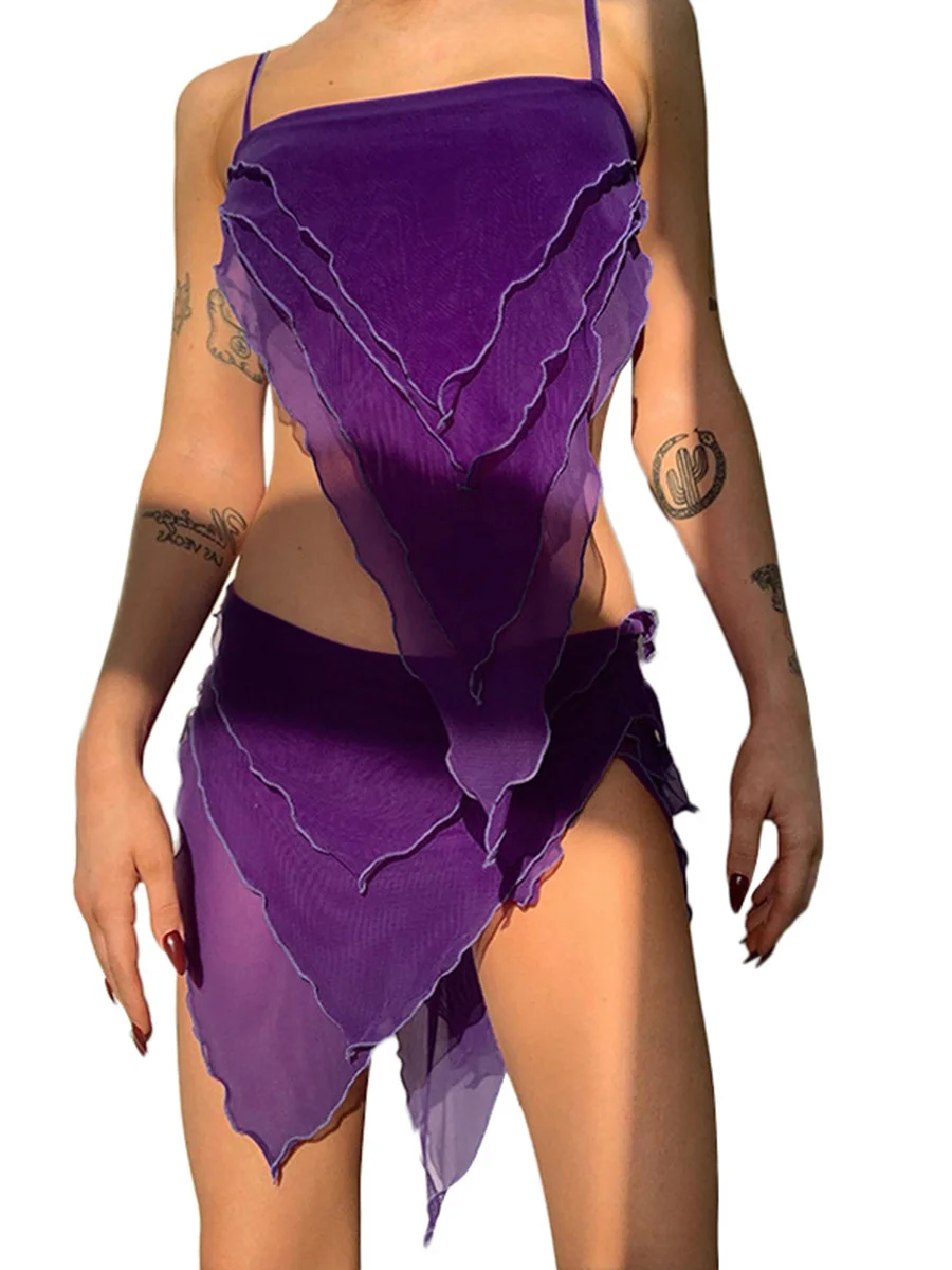 

Женский кроп-топ из двух предметов на бретельках с асимметричным подолом, многослойная сетчатая мини-юбка