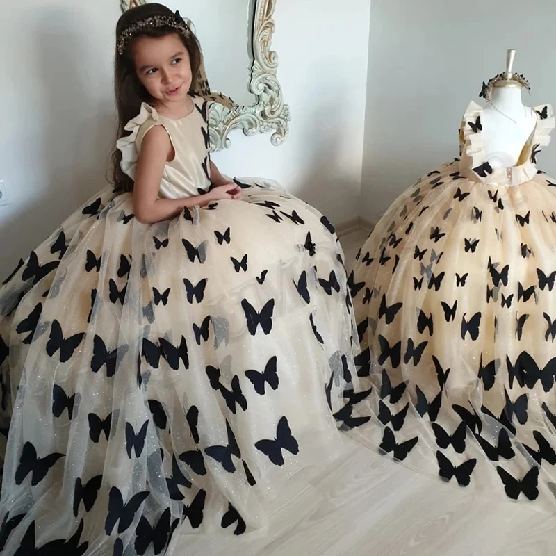 Шампанское бальное Пышное платье для маленьких девочек с цветами карнавальные Черные бабочки костюмы на день рождения свадебное платье дл...