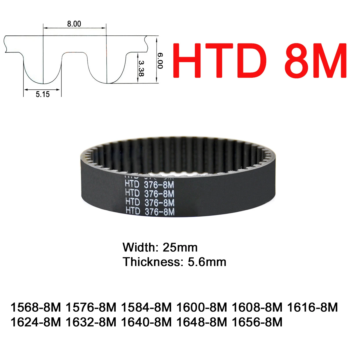 

1Pc Width 25mm 8M Rubber Arc Tooth Timing Belt Pitch Length 1568 1576 1584 1600 1608 1616 1624 1632 1640 1648 1656mm Drive Belts