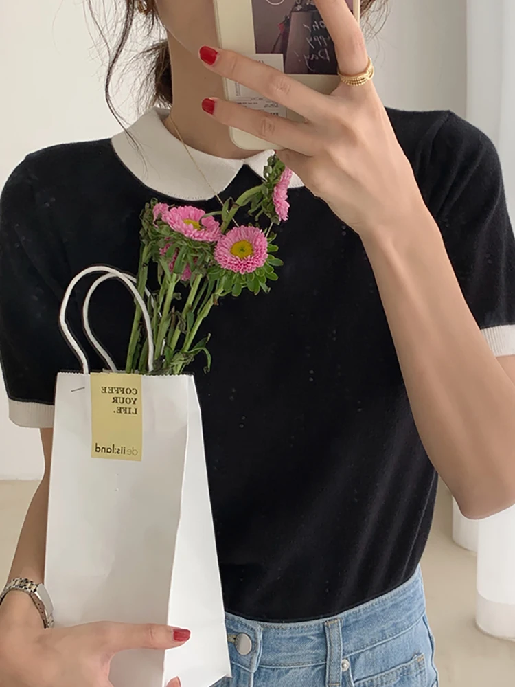 

Korean Chic Summer Western-style Color-blocking Doll Collar Back Single-breasted Design Thin Elastic Short-sleeved Sweater Women