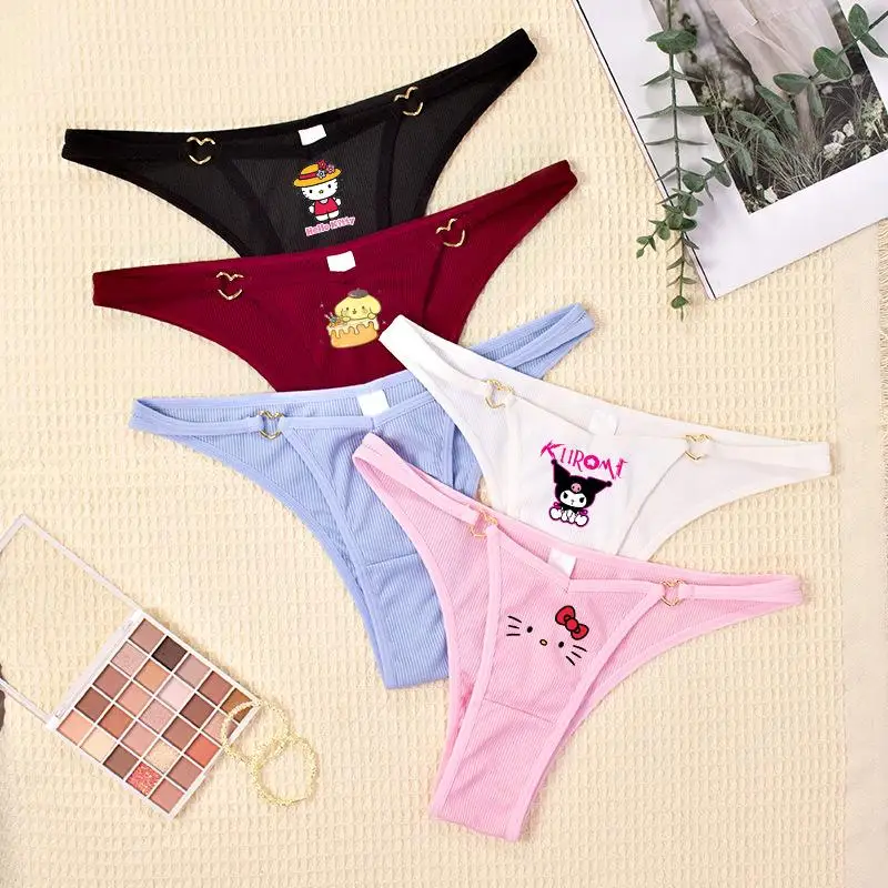 

New Kawaii Hello Kitty Kuromi Pompom Purin Breathable Seamless Underwear Cartoon Sanrios Anime Love Button Knit Low-Rise Briefs
