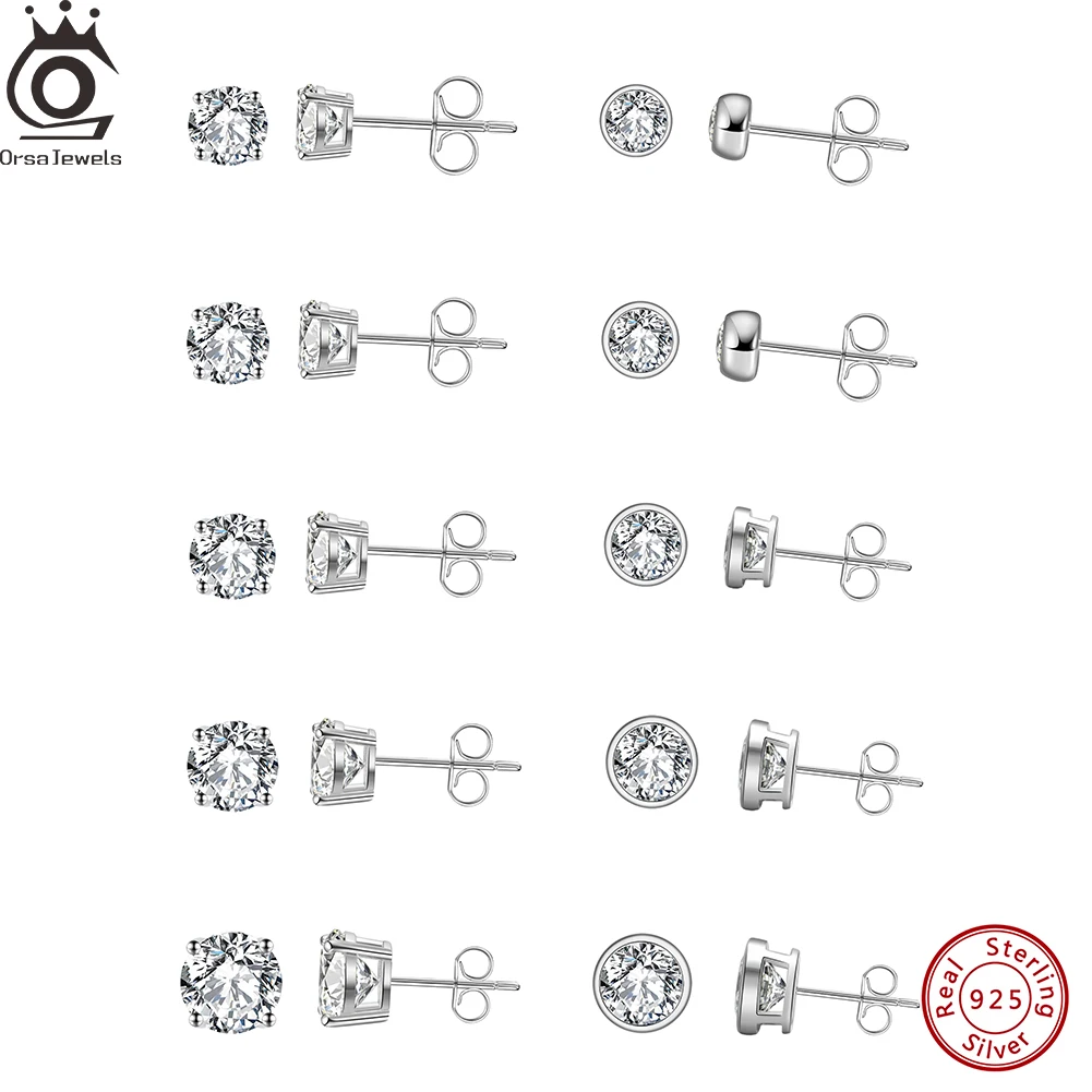 Фото ORSA JEWELS родий 2/3/4/5/6/7/8 мм из настоящего стерлингового серебра 925 пробы, мини-круглые серьги-гвоздики с цирконом, серьги-гвоздики с кристаллами для пирсинга ушей APE33 №1