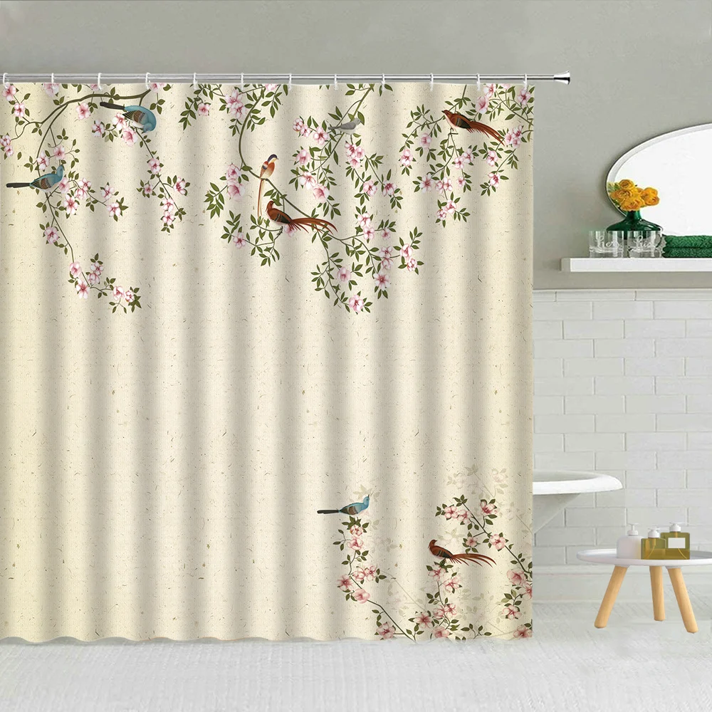

Feather Water Color Shower Curtain Green Leaves Flower Dreamy Spring Scenery Bath Decor Hooks Curtains Waterproof Fabric