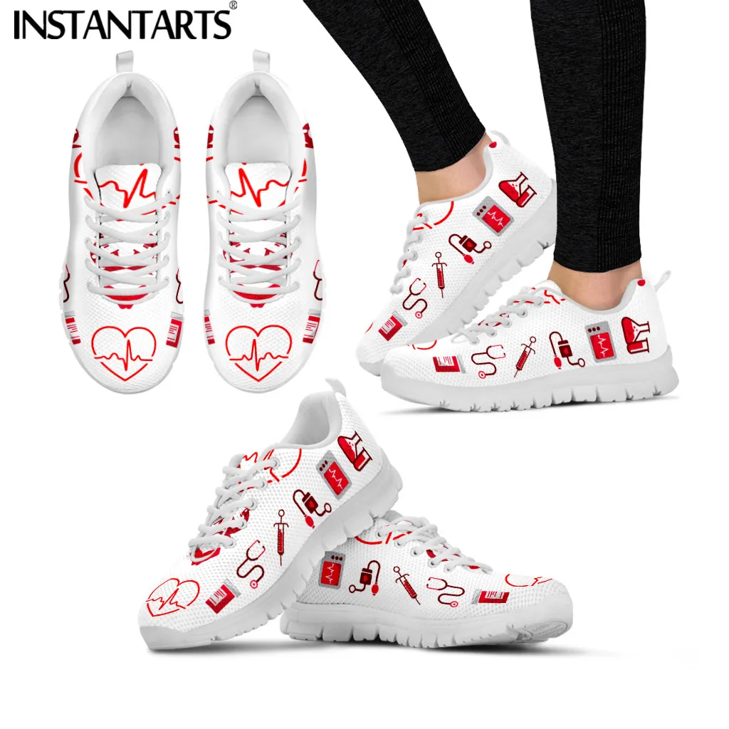 

INSTANTARTS EKG Heartbeat Women's Shoes Cartoon Nurse Doctor Pattern Lace Up Outdoor Walking Sneaker Nursing Sneakers Hospital