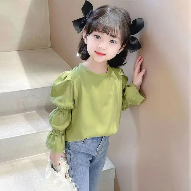 

Girls Autumn Clothing Bottoming Shirt New Children's Puff Sleeve Sunken Stripe Long Sleeve T-shirt Outer Wear Baby Leisure Top