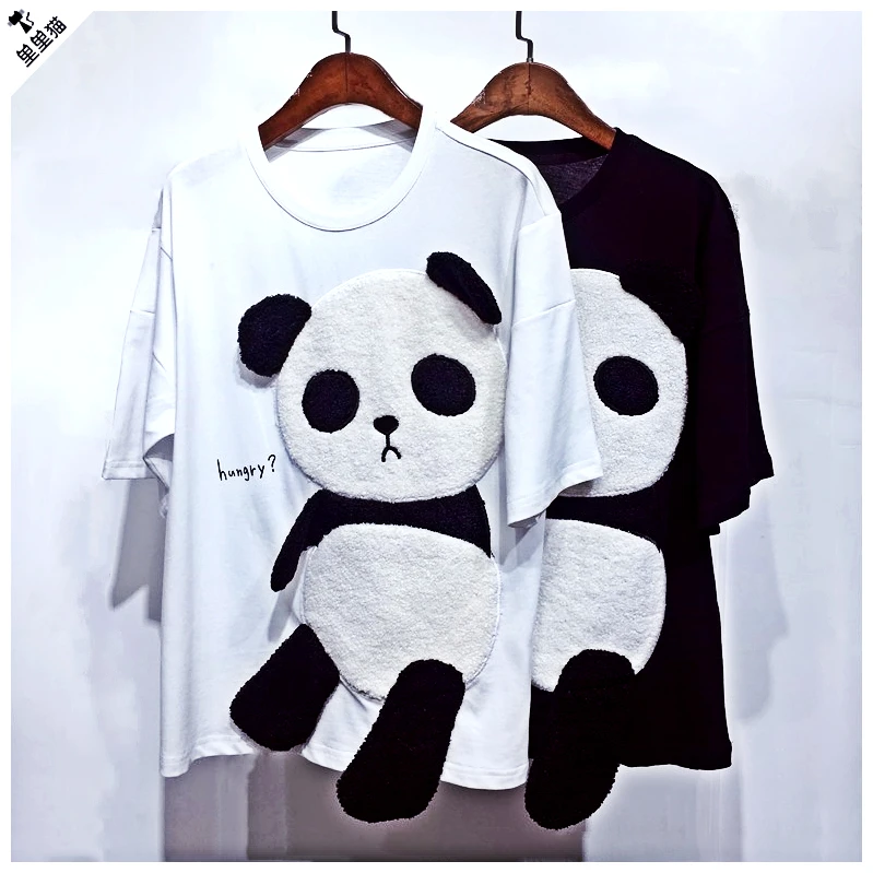 

Summer 2022 Top Latest Panda Cartoon Cotton Short Sleeve Women's Loose Embroidered Blouse for Women T-shirt